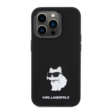 Custodia per Apple iPhone 15 Pro, Karl Lagerfeld, Silicone Choupette Metal, Nera