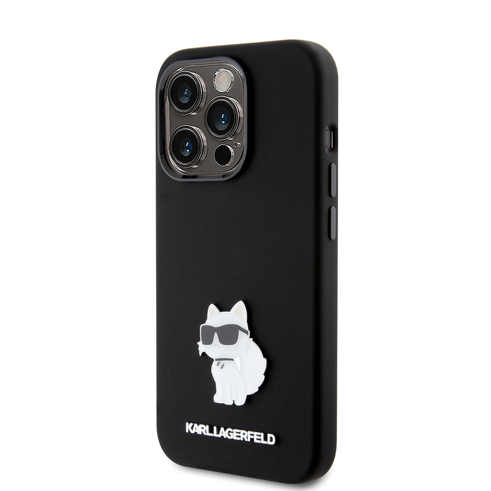 Custodia per Apple iPhone 15 Pro, Karl Lagerfeld, Silicone Choupette Metal, Nera