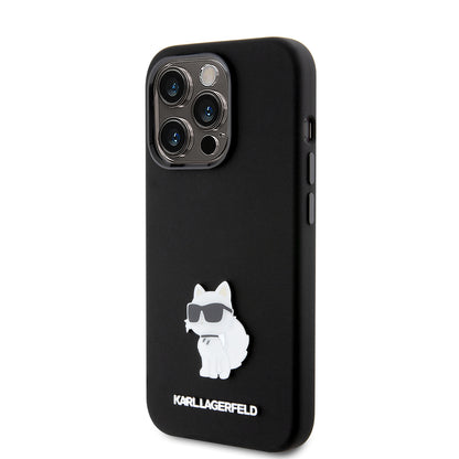 Custodia per Apple iPhone 15 Pro, Karl Lagerfeld, Silicone Choupette Metal, Nera
