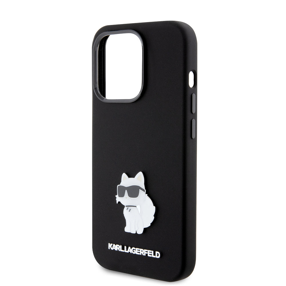 Custodia per Apple iPhone 15 Pro, Karl Lagerfeld, Silicone Choupette Metal, Nera