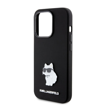 Custodia per Apple iPhone 15 Pro, Karl Lagerfeld, Silicone Choupette Metal, Nera