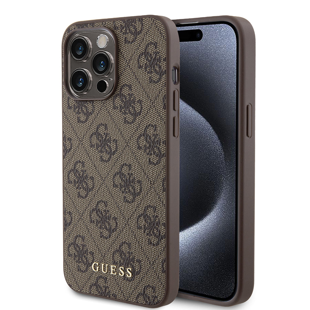 Custodia per Apple iPhone 15 Pro Max, Guess, 4G Metal Gold Logo, Marrone
