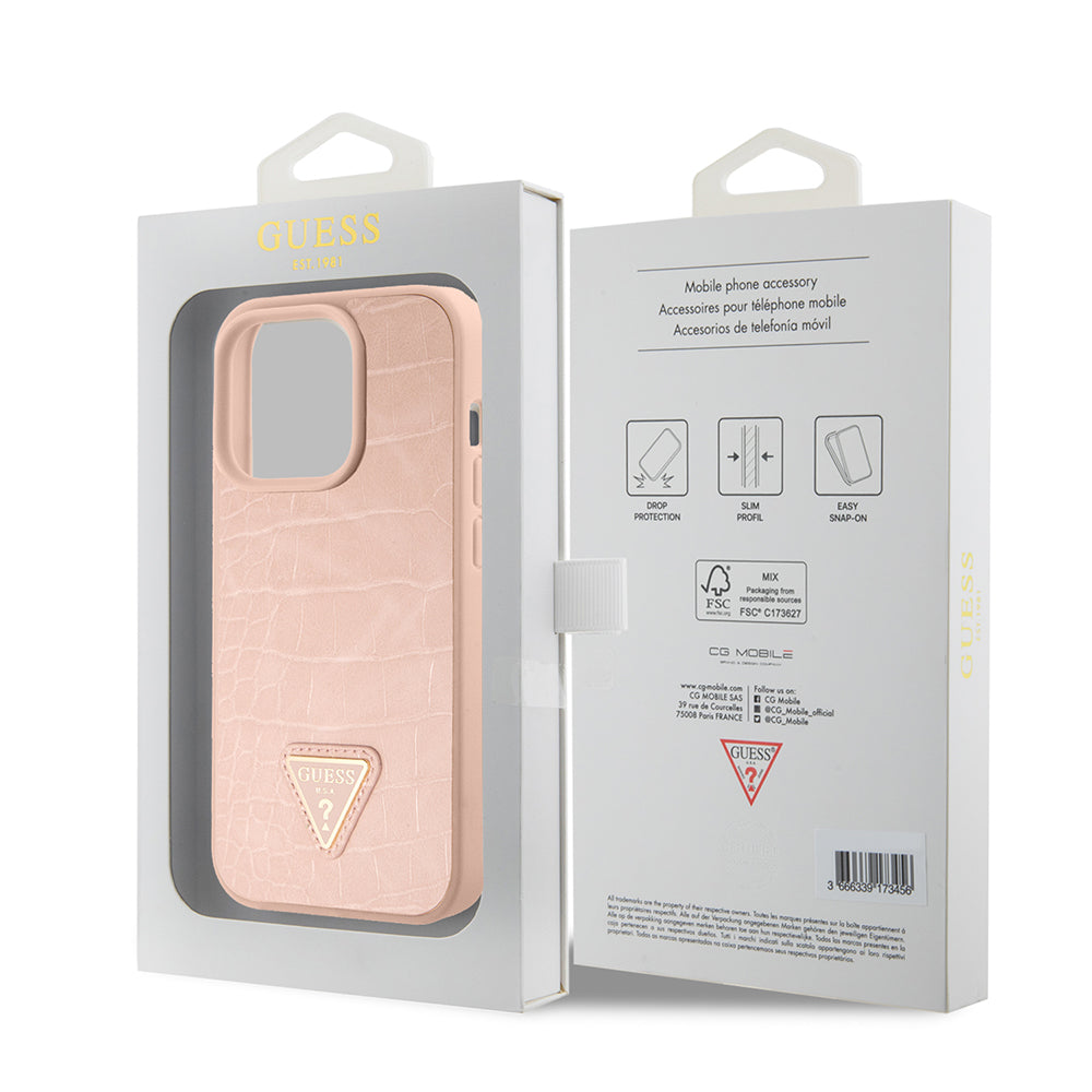 Custodia per Apple iPhone 15 Pro Max, Guess, Croco Triangle Metal Logo, Rosa