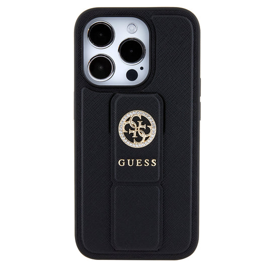 Custodia per Apple iPhone 15 Pro Max, Guess, Grip Stand 4G Saffiano Strass, Nera