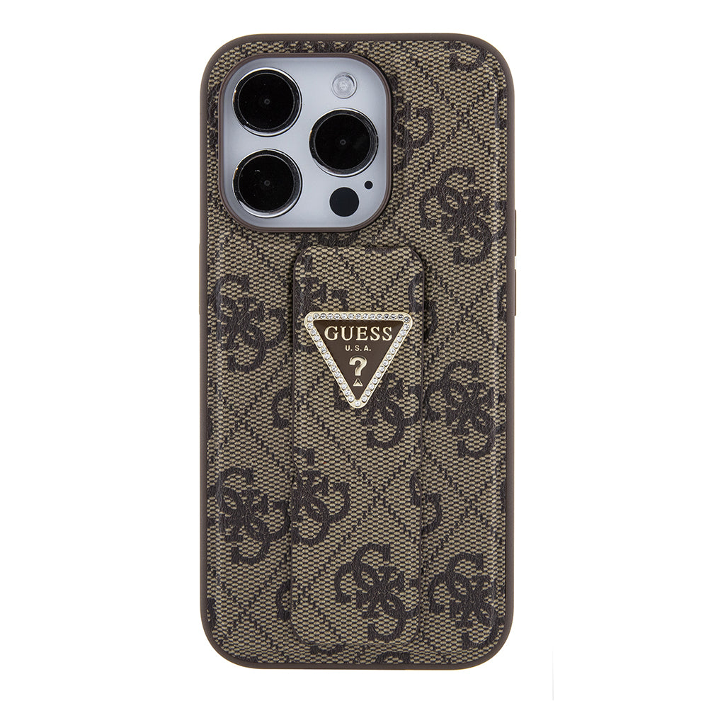 Case for Apple iPhone 15 Pro Max, Guess, Grip Stand 4G Triangle Strass, Brown