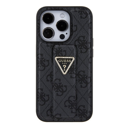 Custodia per Apple iPhone 15 Pro Max, Guess, Grip Stand 4G Triangle Strass, Nera