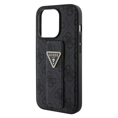 Custodia per Apple iPhone 15 Pro Max, Guess, Grip Stand 4G Triangle Strass, Nera