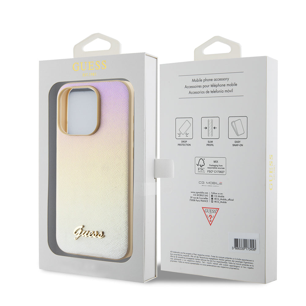 Custodia per Apple iPhone 15 Pro Max, Guess, Saffiano Iridescent Script, Dorata
