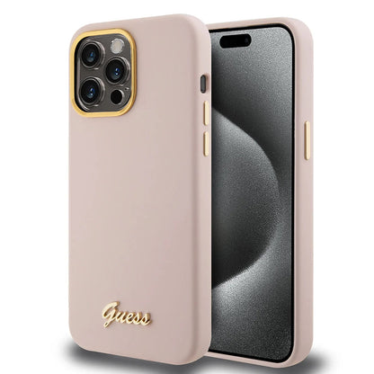 Custodia per Apple iPhone 15 Pro Max, Guess, Script Metal Logo & Frame, Rosa Chiaro