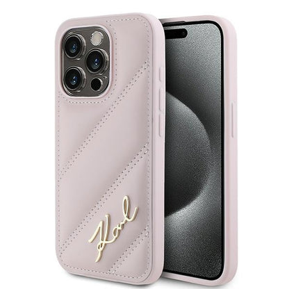 Custodia per Apple iPhone 15 Pro Max, Karl Lagerfeld, Diagonal Quilted Script, Rosa