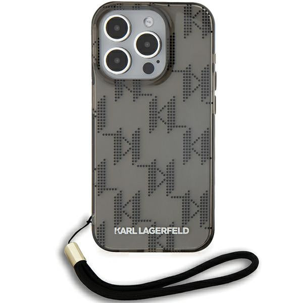 Custodia per Apple iPhone 15 Pro Max, Karl Lagerfeld, IML Luxury Monogram KL Pattern with Strap, Nera