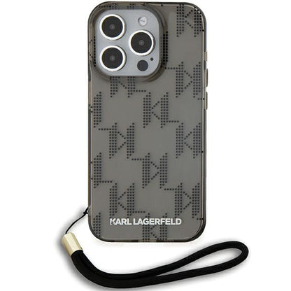 Custodia per Apple iPhone 15 Pro Max, Karl Lagerfeld, IML Luxury Monogram KL Pattern with Strap, Nera