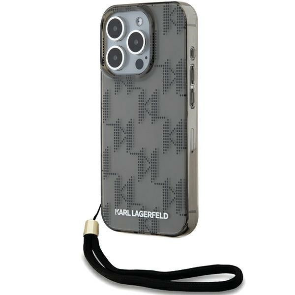 Custodia per Apple iPhone 15 Pro Max, Karl Lagerfeld, IML Luxury Monogram KL Pattern with Strap, Nera