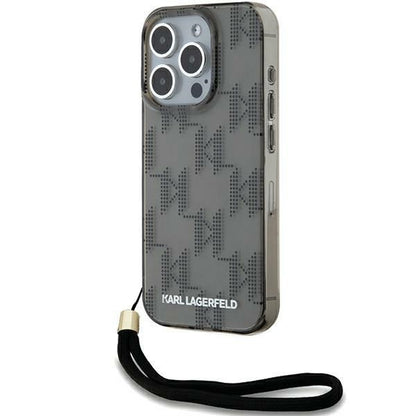 Custodia per Apple iPhone 15 Pro Max, Karl Lagerfeld, IML Luxury Monogram KL Pattern with Strap, Nera