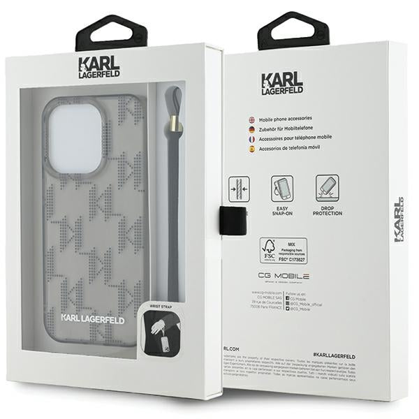 Custodia per Apple iPhone 15 Pro Max, Karl Lagerfeld, IML Luxury Monogram KL Pattern with Strap, Nera