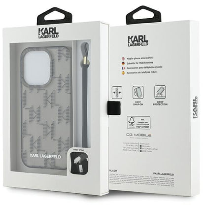 Custodia per Apple iPhone 15 Pro Max, Karl Lagerfeld, IML Luxury Monogram KL Pattern with Strap, Nera
