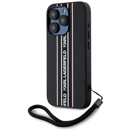 Custodia per Apple iPhone 15 Pro Max, Karl Lagerfeld, Saffiano Athleisure Stripes with Strap, Rosa
