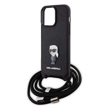 Custodia per Apple iPhone 15 Pro Max, Karl Lagerfeld, Saffiano Crossbody Monogram Metal Pin Karl, Nera