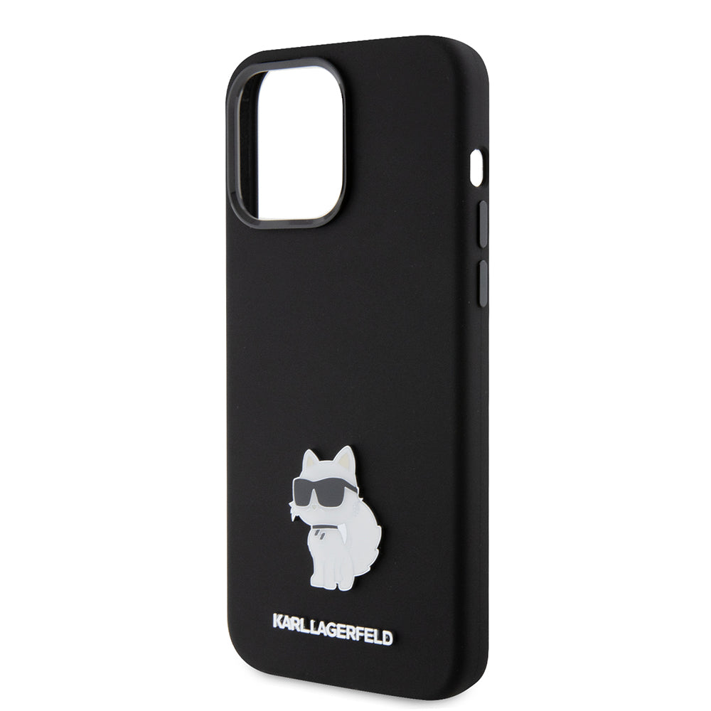 Custodia per Apple iPhone 15 Pro Max, Karl Lagerfeld, Silicone Choupette Metal, Nera