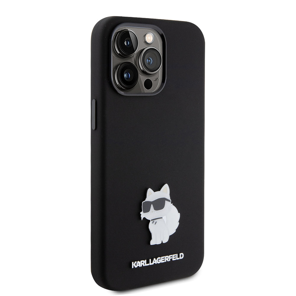 Custodia per Apple iPhone 15 Pro Max, Karl Lagerfeld, Silicone Choupette Metal, Nera