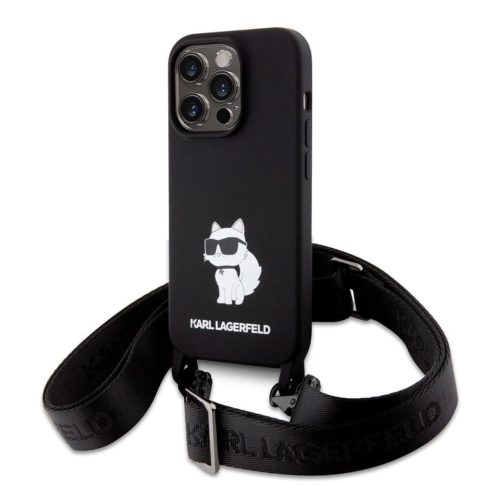 Custodia per Apple iPhone 15 Pro Max, Karl Lagerfeld, Silicone Crossbody Choupette, Nera