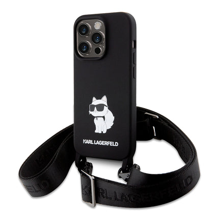 Custodia per Apple iPhone 15 Pro Max, Karl Lagerfeld, Silicone Crossbody Choupette, Nera