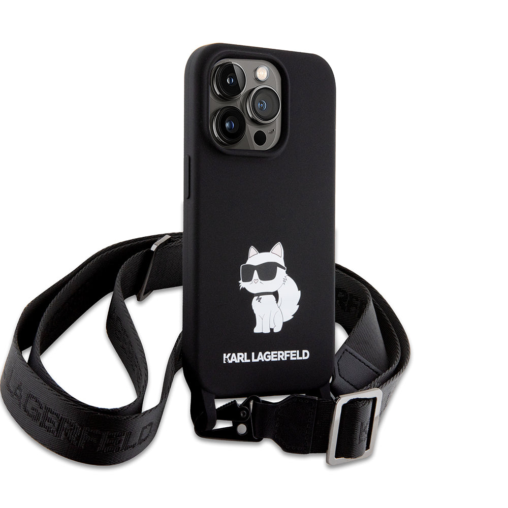 Custodia per Apple iPhone 15 Pro Max, Karl Lagerfeld, Silicone Crossbody Choupette, Nera