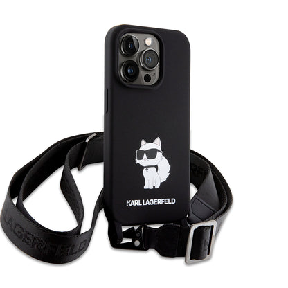 Custodia per Apple iPhone 15 Pro Max, Karl Lagerfeld, Silicone Crossbody Choupette, Nera