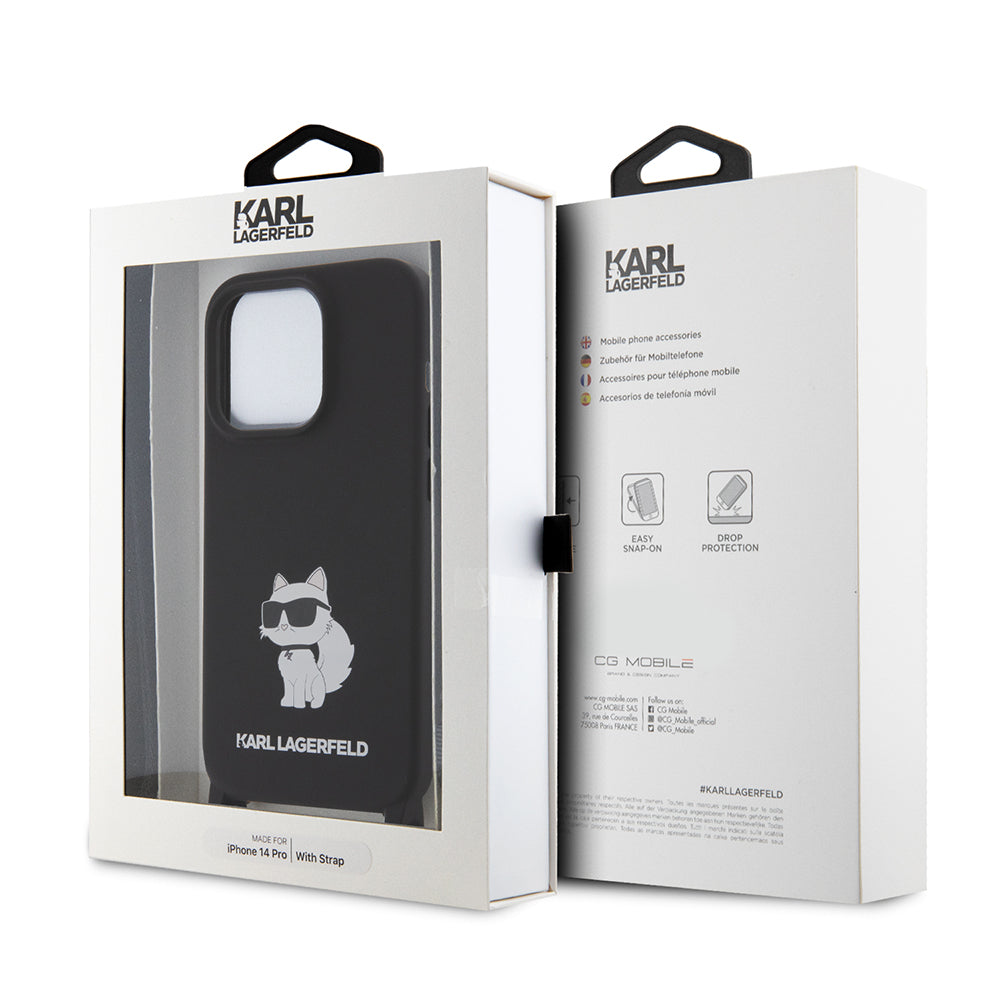 Custodia per Apple iPhone 15 Pro Max, Karl Lagerfeld, Silicone Crossbody Choupette, Nera