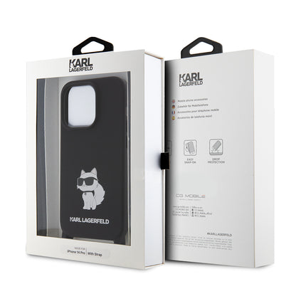 Custodia per Apple iPhone 15 Pro Max, Karl Lagerfeld, Silicone Crossbody Choupette, Nera