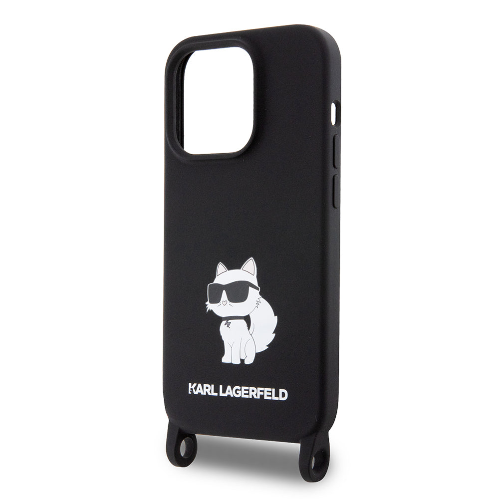 Custodia per Apple iPhone 15 Pro Max, Karl Lagerfeld, Silicone Crossbody Choupette, Nera