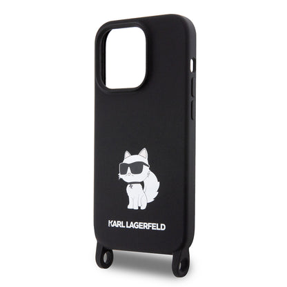 Custodia per Apple iPhone 15 Pro Max, Karl Lagerfeld, Silicone Crossbody Choupette, Nera