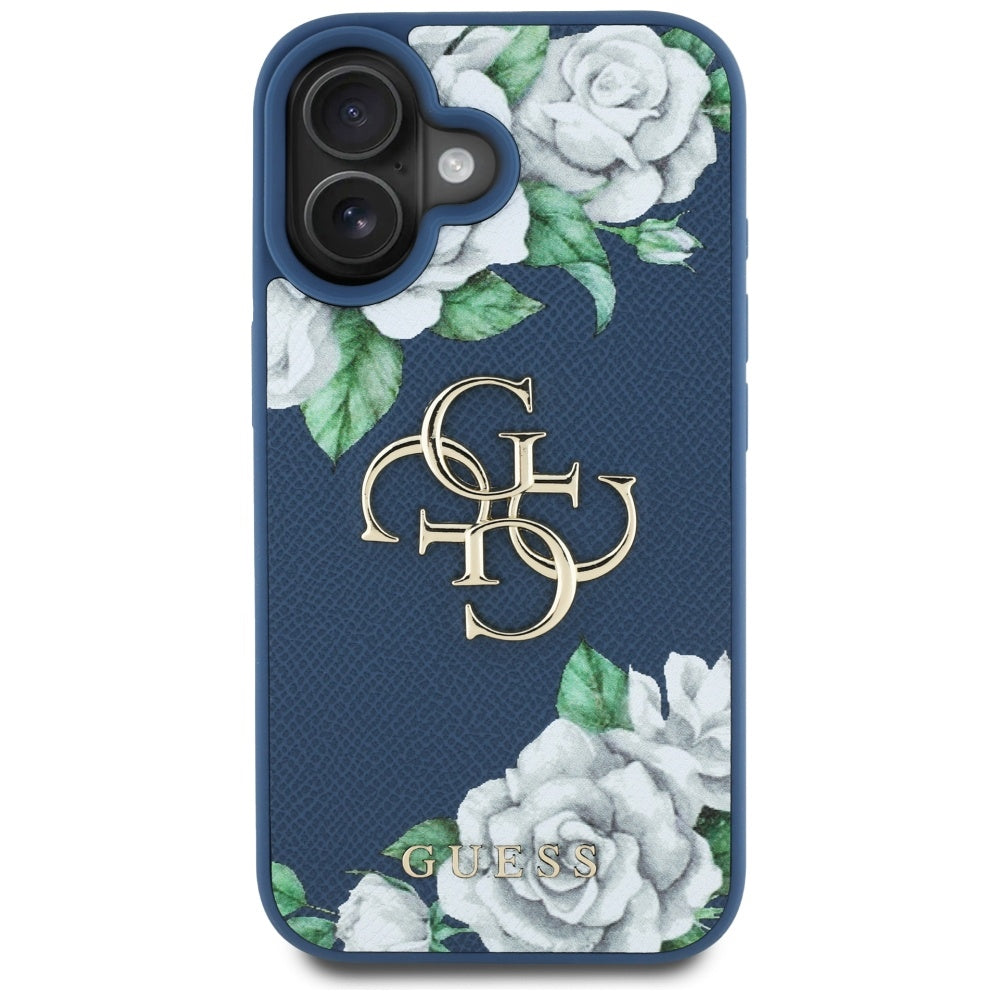 Custodia per Apple iPhone 16, Guess, 4G Grained Roses Big Logo, Blu