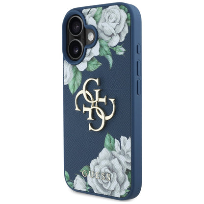 Custodia per Apple iPhone 16, Guess, 4G Grained Roses Big Logo, Blu