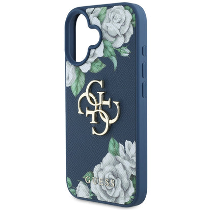 Custodia per Apple iPhone 16, Guess, 4G Grained Roses Big Logo, Blu