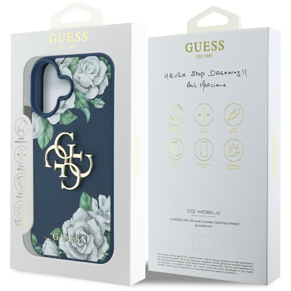 Custodia per Apple iPhone 16, Guess, 4G Grained Roses Big Logo, Blu