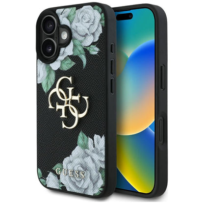 Custodia per Apple iPhone 16, Guess, 4G Grained Roses Big Logo, Nera