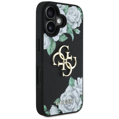 Custodia per Apple iPhone 16, Guess, 4G Grained Roses Big Logo, Nera