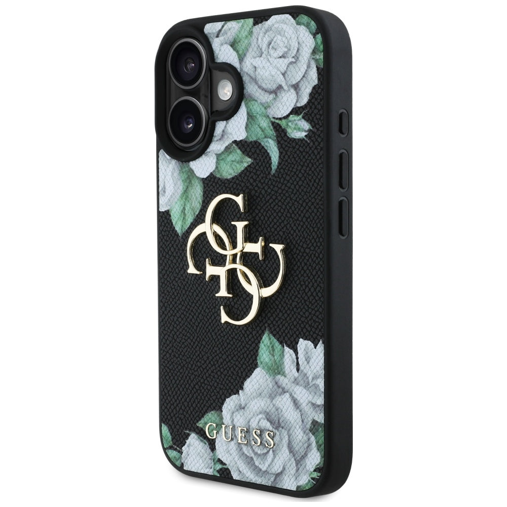 Custodia per Apple iPhone 16, Guess, 4G Grained Roses Big Logo, Nera