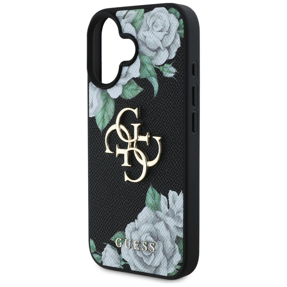 Custodia per Apple iPhone 16, Guess, 4G Grained Roses Big Logo, Nera