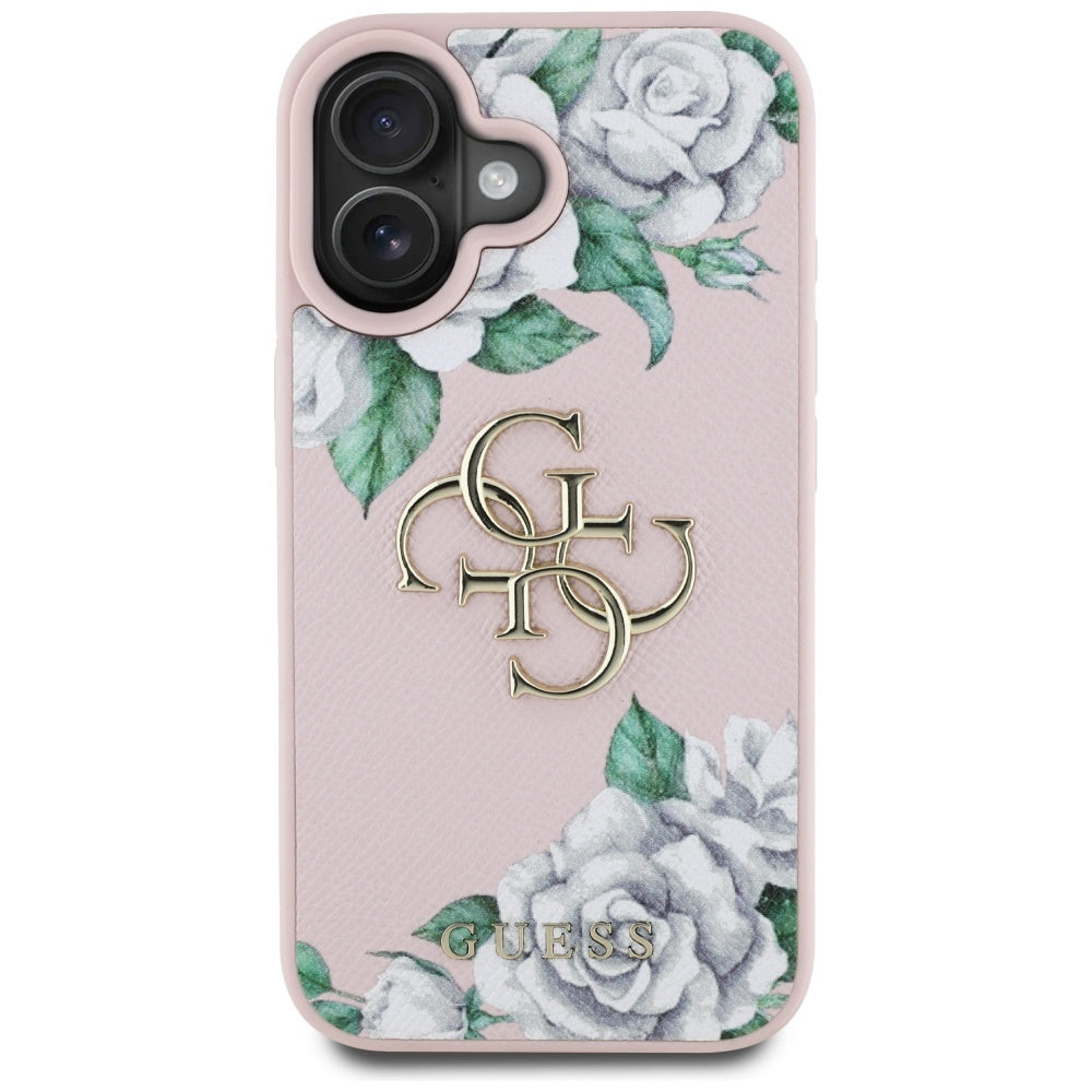Custodia per Apple iPhone 16, Guess, 4G Grained Roses Big Logo, Rosa