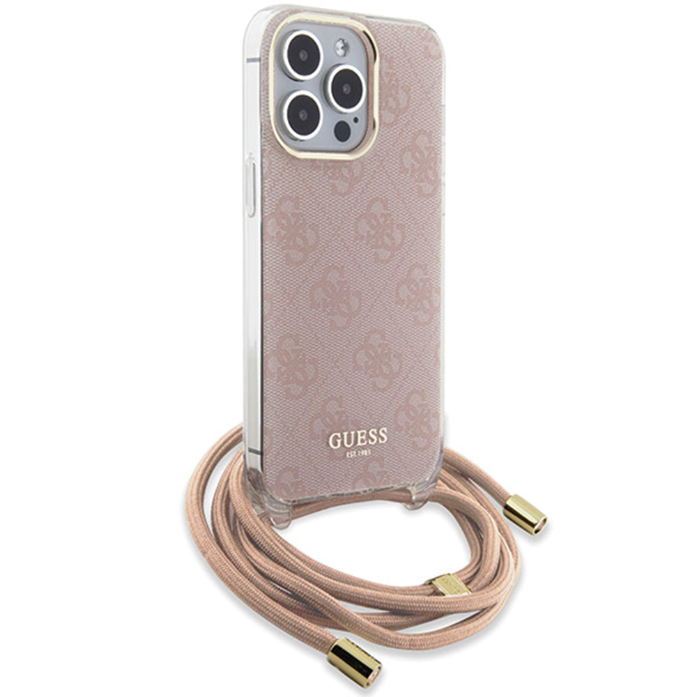 Custodia per Apple iPhone 16, Guess, Crossbody Cord 4G Print, Rosa