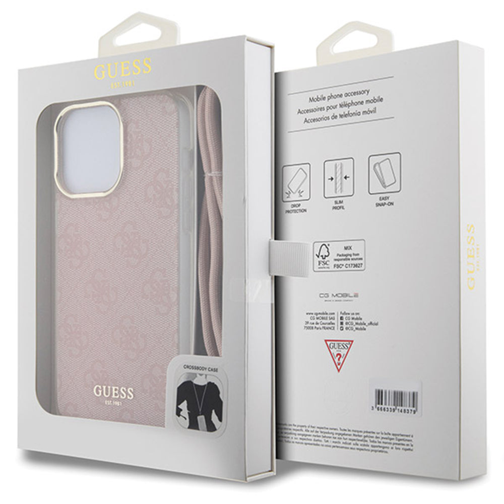 Custodia per Apple iPhone 16, Guess, Crossbody Cord 4G Print, Rosa