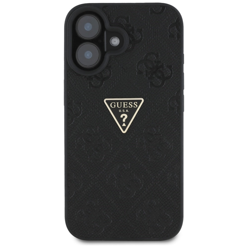 Custodia per Apple iPhone 16, Guess, Hot Stamp 4G Pattern Triangle Logo, Nera