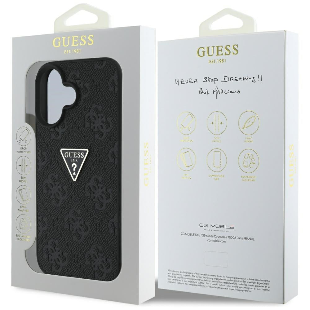 Custodia per Apple iPhone 16, Guess, Hot Stamp 4G Pattern Triangle Logo, Nera