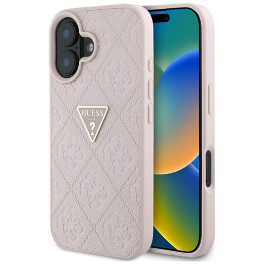 Custodia per Apple iPhone 16, Guess, Hot Stamp 4G Pattern Triangle Logo, Rosa