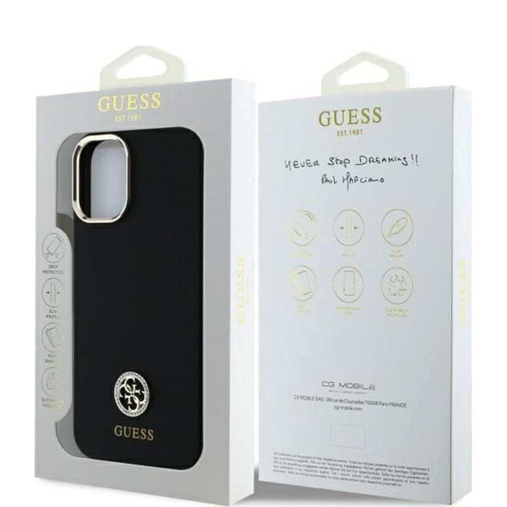 Custodia per Apple iPhone 16, Guess, Logo Strass 4G, Nera