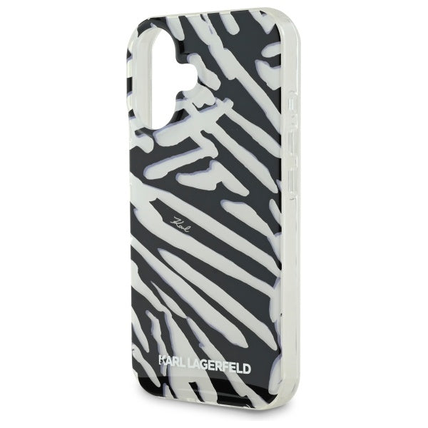 Custodia per Apple iPhone 16, Karl Lagerfeld, IML Luxury Zebra Pattern con Cinturino, Nera