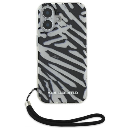Custodia per Apple iPhone 16, Karl Lagerfeld, IML Luxury Zebra Pattern con Cinturino, Nera