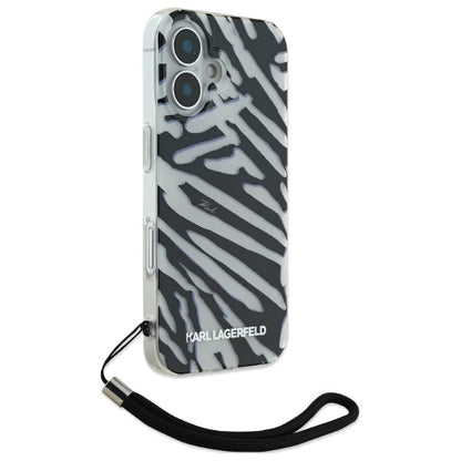Custodia per Apple iPhone 16, Karl Lagerfeld, IML Luxury Zebra Pattern con Cinturino, Nera